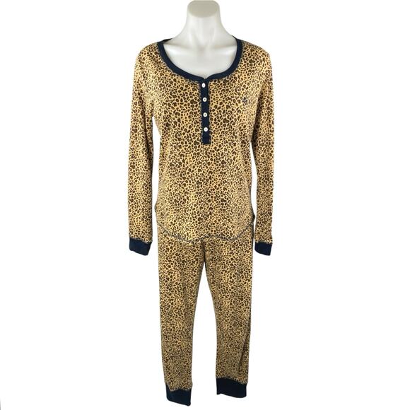 Tommy Hilfiger Beige Black Leopard Henley Thermal Sleepwear Pajama Set Size M - Picture 1 of 6